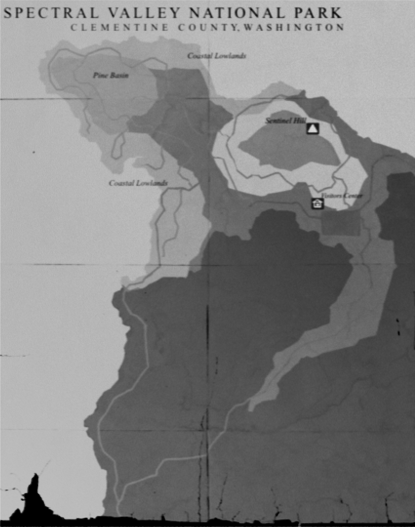Spectral Valley National Park official overview map showing roads, trails, parking, visitor center, Pine Basin, Sentinel Hill, Deer's Flats, and Coastal Lowlands.